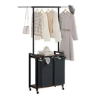 Rolling Laundry Sorter Cart with Iron Hanging Rod, 2-Section Metal Utility Shelf, Lockable Wheels, Multi-Pocket Basket for Laundry, Bedroom, Bathroom