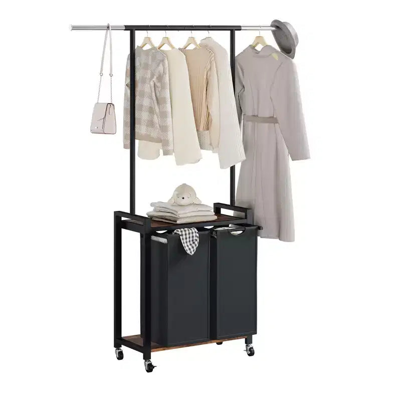 Rolling Laundry Sorter Cart with Iron Hanging Rod, 2-Section Metal Utility Shelf, Lockable Wheels, Multi-Pocket Basket for Laundry, Bedroom, Bathroom