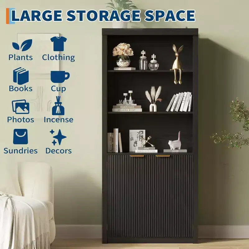 Bibliothèque haute à 5 étagères avec portes et tiroir de 80 cm de large, étagère autoportante moderne, meuble de rangement réglable pour bureau ou salon