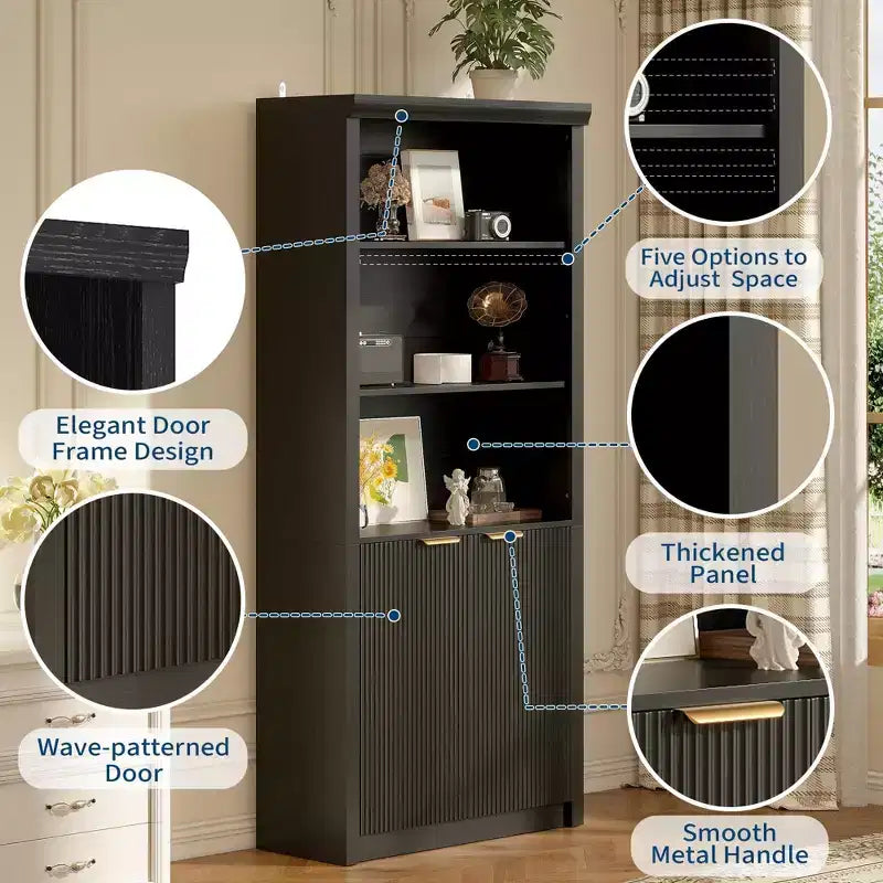 Bibliothèque haute à 5 étagères avec portes et tiroir de 80 cm de large, étagère autoportante moderne, meuble de rangement réglable pour bureau ou salon