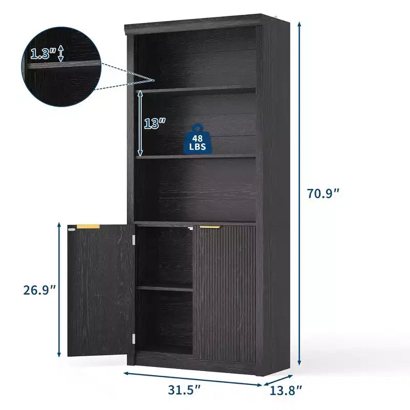 Bibliothèque haute à 5 étagères avec portes et tiroir de 80 cm de large, étagère autoportante moderne, meuble de rangement réglable pour bureau ou salon