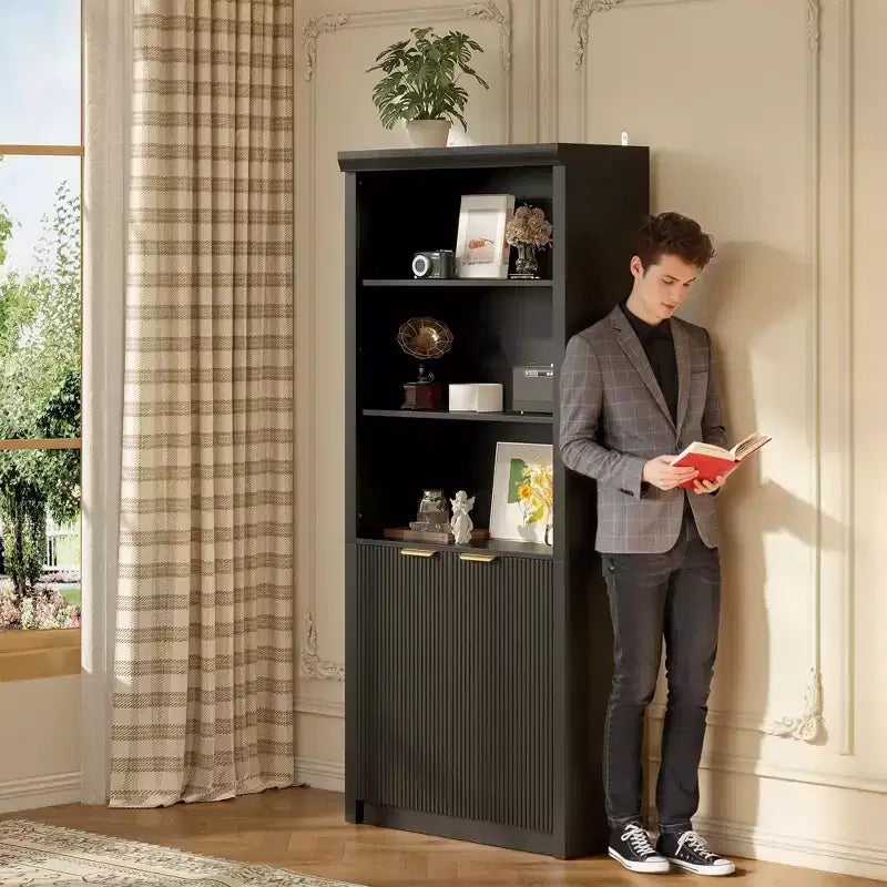 Bibliothèque haute à 5 étagères avec portes et tiroir de 80 cm de large, étagère autoportante moderne, meuble de rangement réglable pour bureau ou salon