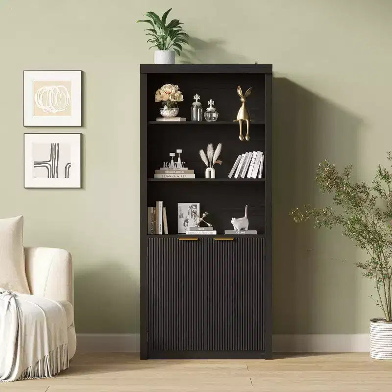 Bibliothèque haute à 5 étagères avec portes et tiroir de 80 cm de large, étagère autoportante moderne, meuble de rangement réglable pour bureau ou salon