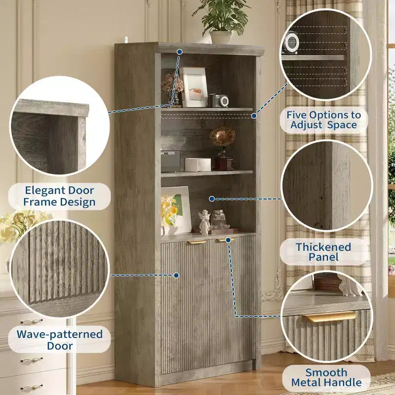 Bibliothèque haute à 5 étagères avec portes et tiroir de 80 cm de large, étagère autoportante moderne, meuble de rangement réglable pour bureau ou salon