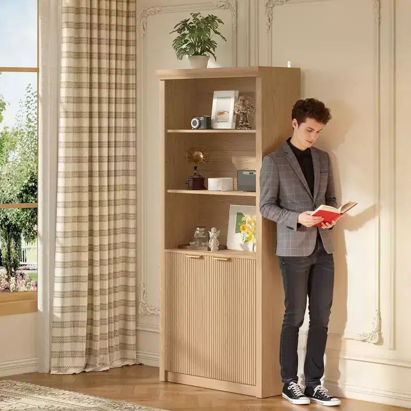 Bibliothèque haute à 5 étagères avec portes et tiroir de 80 cm de large, étagère autoportante moderne, meuble de rangement réglable pour bureau ou salon