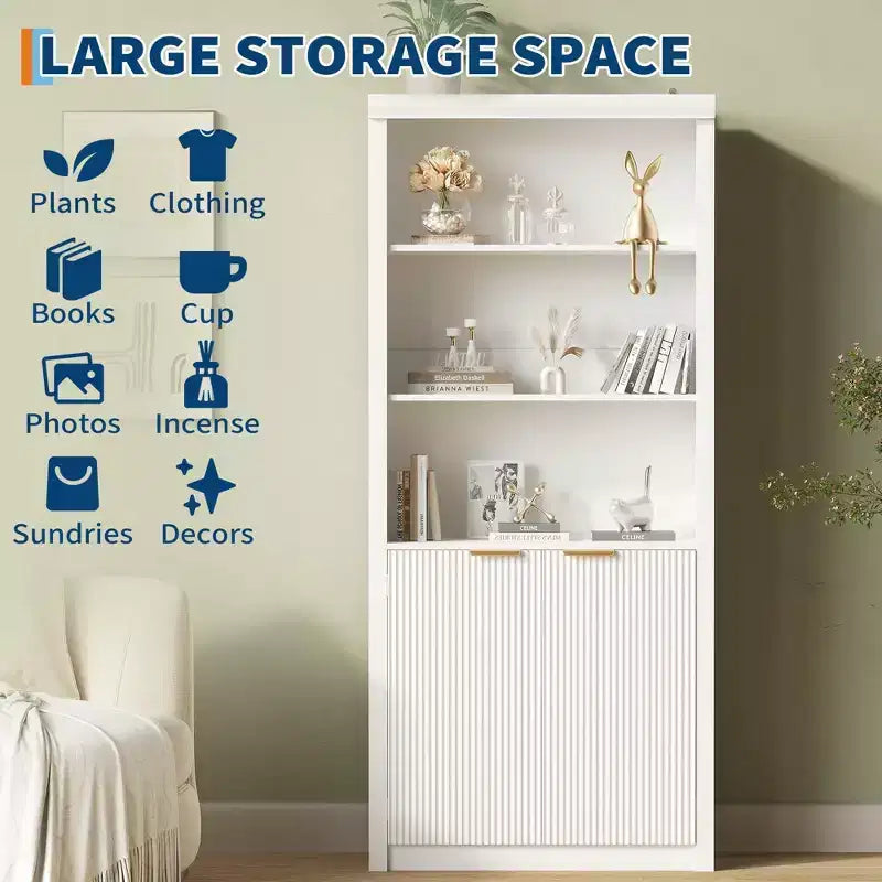 Bibliothèque haute à 5 étagères avec portes et tiroir de 80 cm de large, étagère autoportante moderne, meuble de rangement réglable pour bureau ou salon