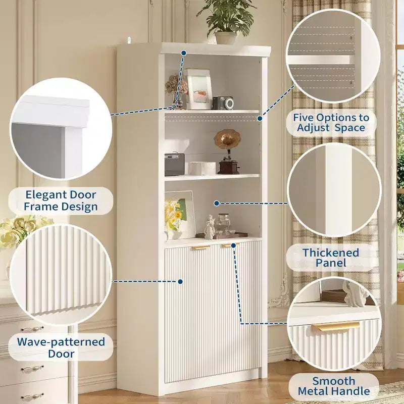 Bibliothèque haute à 5 étagères avec portes et tiroir de 80 cm de large, étagère autoportante moderne, meuble de rangement réglable pour bureau ou salon