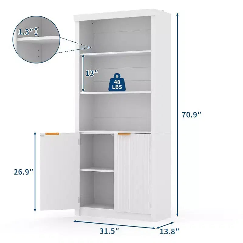 Bibliothèque haute à 5 étagères avec portes et tiroir de 80 cm de large, étagère autoportante moderne, meuble de rangement réglable pour bureau ou salon
