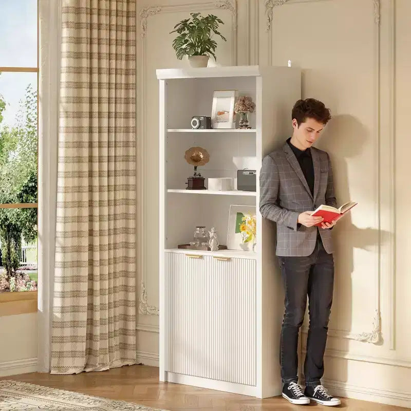 Bibliothèque haute à 5 étagères avec portes et tiroir de 80 cm de large, étagère autoportante moderne, meuble de rangement réglable pour bureau ou salon