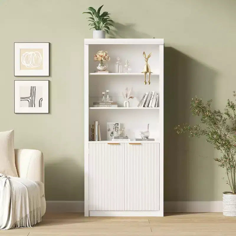 Bibliothèque haute à 5 étagères avec portes et tiroir de 80 cm de large, étagère autoportante moderne, meuble de rangement réglable pour bureau ou salon
