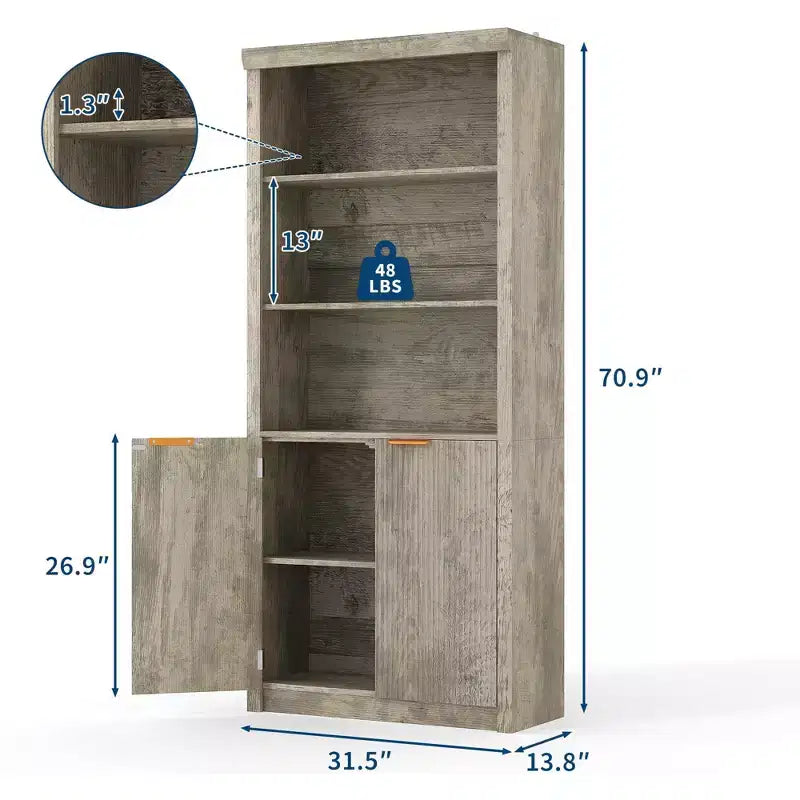 Bibliothèque haute à 5 étagères avec portes et tiroir de 80 cm de large, étagère autoportante moderne, meuble de rangement réglable pour bureau ou salon