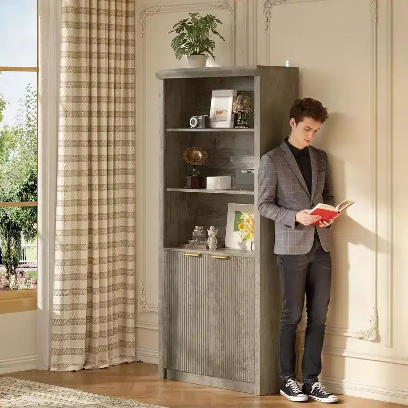 Bibliothèque haute à 5 étagères avec portes et tiroir de 80 cm de large, étagère autoportante moderne, meuble de rangement réglable pour bureau ou salon