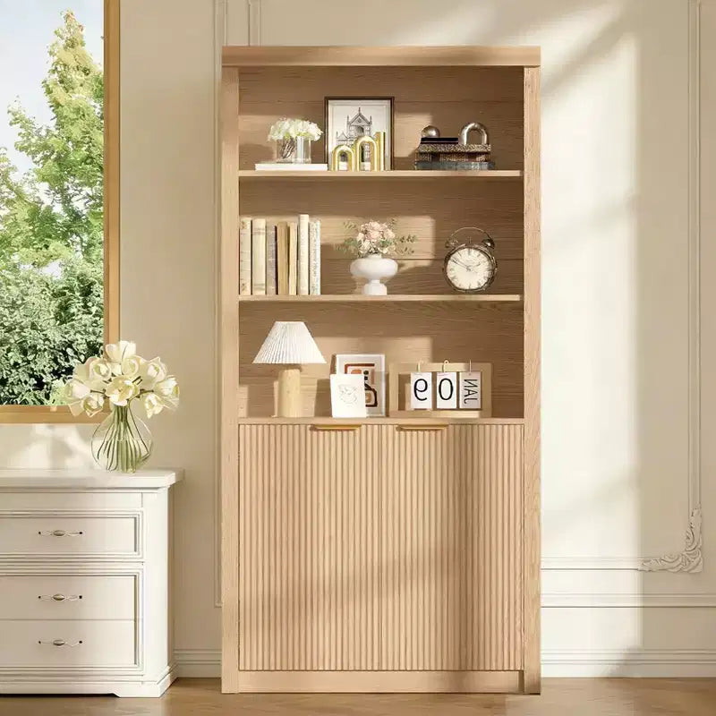 Bibliothèque haute à 5 étagères avec portes et tiroir de 80 cm de large, étagère autoportante moderne, meuble de rangement réglable pour bureau ou salon