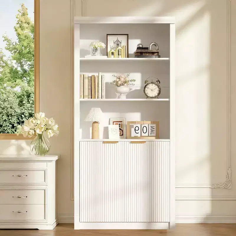 Bibliothèque haute à 5 étagères avec portes et tiroir de 80 cm de large, étagère autoportante moderne, meuble de rangement réglable pour bureau ou salon