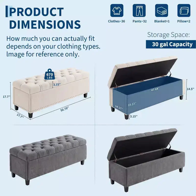 50.8 Storage Ottoman Bench, Tufted Upholstered End of Bed Storage Bench, Flip Top Entryway Bench with Safety Slow-Close Hinge for Living Room