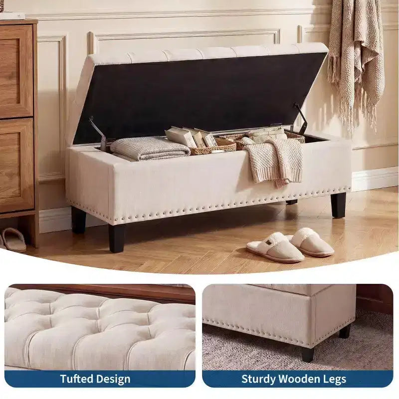 50.8 Storage Ottoman Bench, Tufted Upholstered End of Bed Storage Bench, Flip Top Entryway Bench with Safety Slow-Close Hinge for Living Room