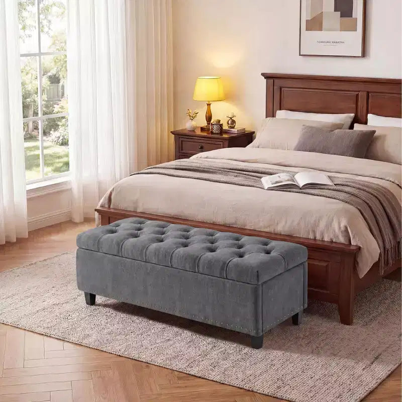 50.8 Storage Ottoman Bench, Tufted Upholstered End of Bed Storage Bench, Flip Top Entryway Bench with Safety Slow-Close Hinge for Living Room