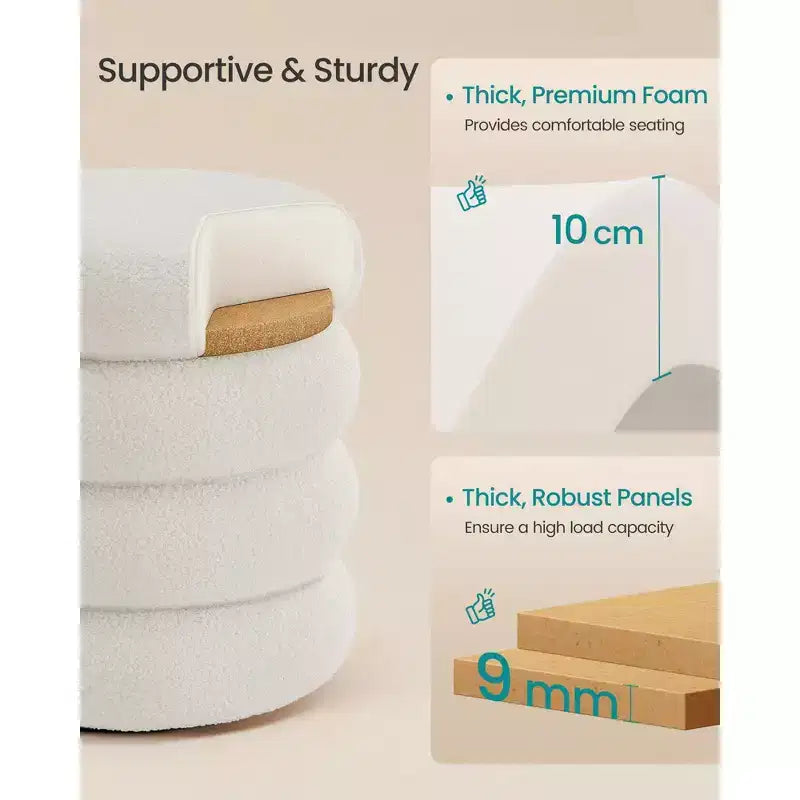 Vanity Stool, Round Ottoman with Storage, Upholstered, Removable Lid, Easy Assembly, 16.9 x 16.9 x 18.5 Inches, Teddy Fleece, White