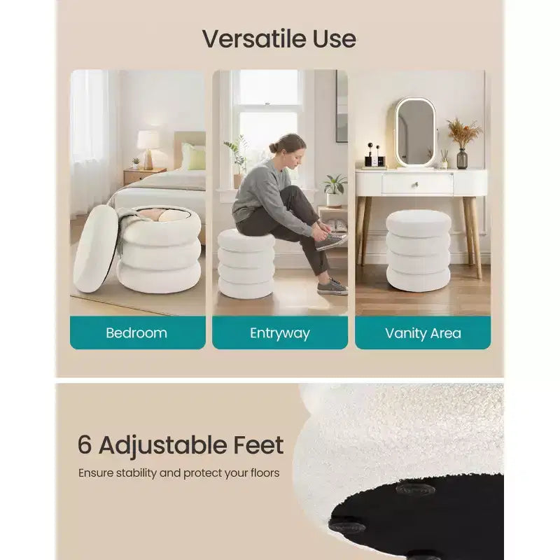 Vanity Stool, Round Ottoman with Storage, Upholstered, Removable Lid, Easy Assembly, 16.9 x 16.9 x 18.5 Inches, Teddy Fleece, White