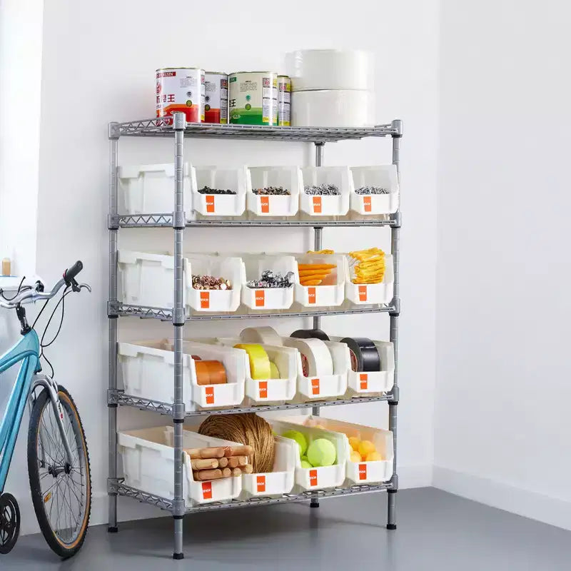 5-Tier Rolling Bin Storage Rack, 16 Organizer Bins, Bin Rack Storage Steel Wire Shelving System with Wheels, Mobile Tool Organizer,Silver+White