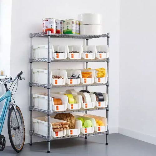Étagère de rangement roulante à 5 niveaux, 16 bacs de rangement, système d'étagères en fil d'acier avec roues, organisateur d'outils mobile, argent+blanc