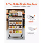 5-Tier Rolling Bin Storage Rack, 16 Organizer Bins, Bin Rack Storage Steel Wire Shelving System with Wheels, Mobile Tool Organizer,Silver+White