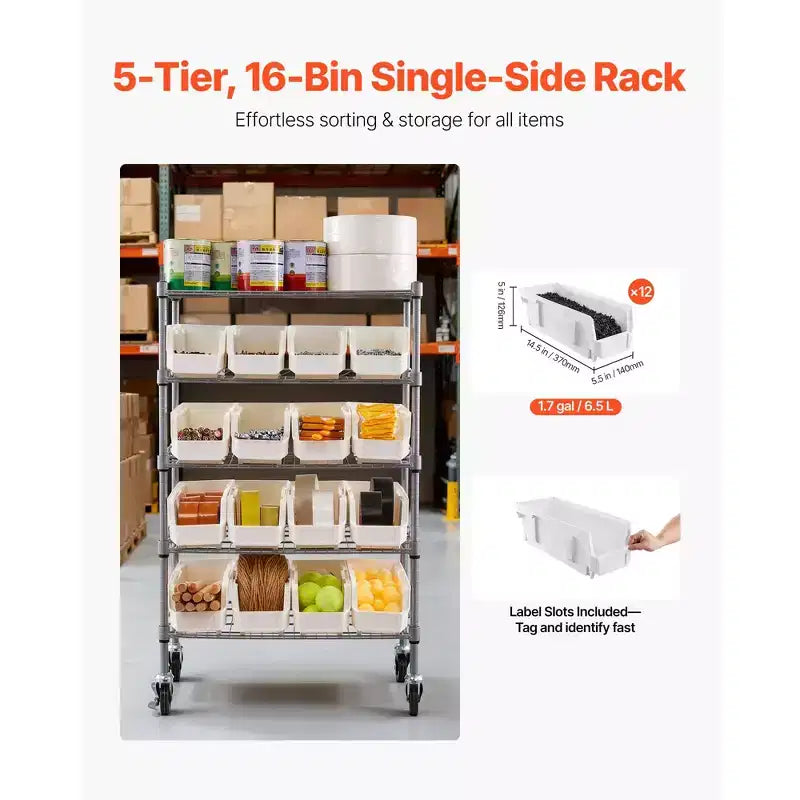 5-Tier Rolling Bin Storage Rack, 16 Organizer Bins, Bin Rack Storage Steel Wire Shelving System with Wheels, Mobile Tool Organizer,Silver+White
