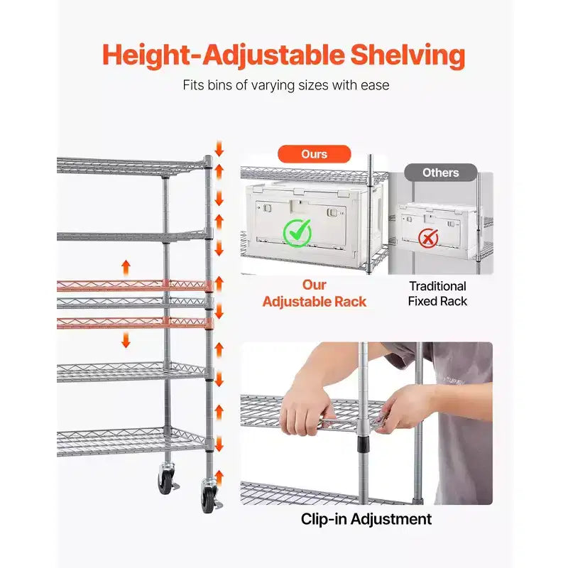 5-Tier Rolling Bin Storage Rack, 16 Organizer Bins, Bin Rack Storage Steel Wire Shelving System with Wheels, Mobile Tool Organizer,Silver+White