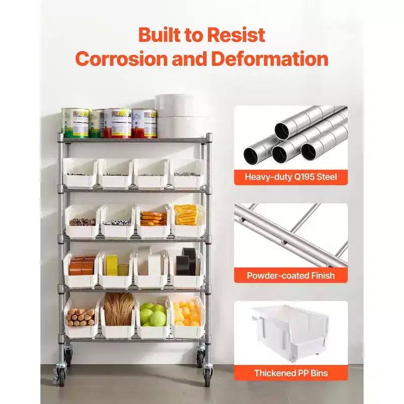 5-Tier Rolling Bin Storage Rack, 16 Organizer Bins, Bin Rack Storage Steel Wire Shelving System with Wheels, Mobile Tool Organizer,Silver+White
