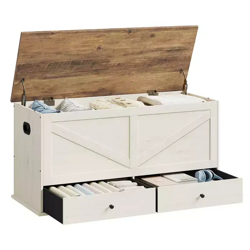 Coffre de rangement, Banc de rangement avec 2 tiroirs en tissu, Style Ferme, 40 x 100 x 50,5 cm