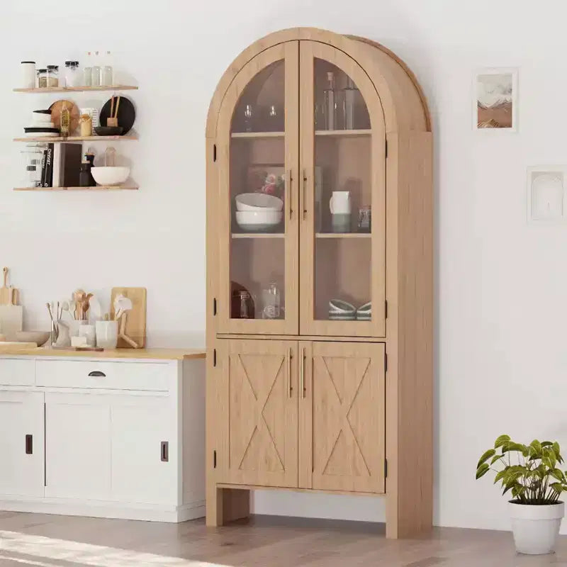 60 Tall Wood Arched Kitchen Pantry, Storage Cabinet with 4 Large Drawers & Adjustable Shelf, Multi-Use Cupboard for Entryway, Kitchen, Living Room