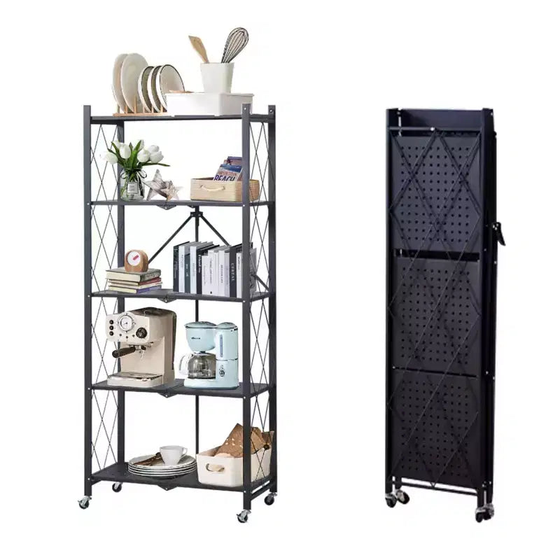 5-Tier Foldable Storage Shelves with Wheels, Heavy Duty Metal Rolling Shelving Unit for Kitchen, Garage & Pantry,No Assembly