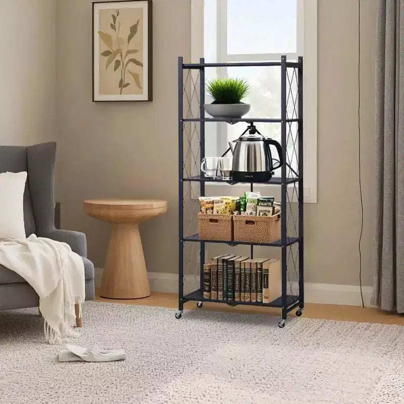 5-Tier Foldable Storage Shelves with Wheels, Heavy Duty Metal Rolling Shelving Unit for Kitchen, Garage & Pantry,No Assembly