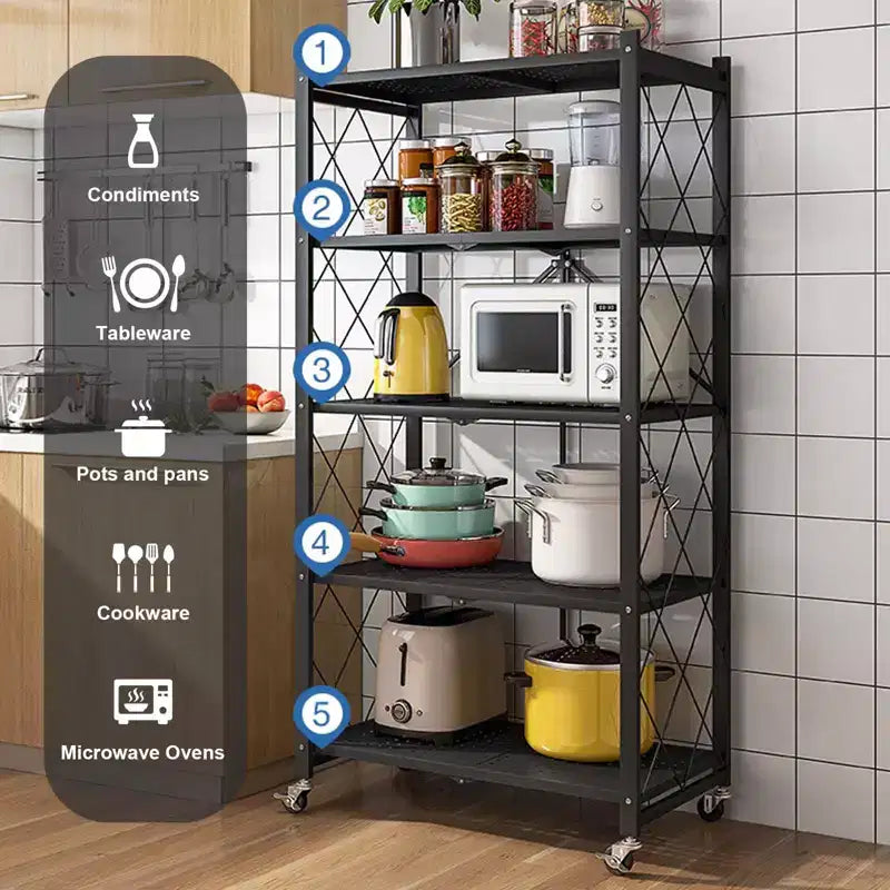 5-Tier Foldable Storage Shelves with Wheels, Heavy Duty Metal Rolling Shelving Unit for Kitchen, Garage & Pantry,No Assembly