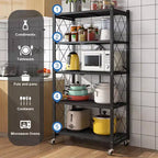 5-Tier Foldable Storage Shelves with Wheels, Heavy Duty Metal Rolling Shelving Unit for Kitchen, Garage & Pantry,No Assembly