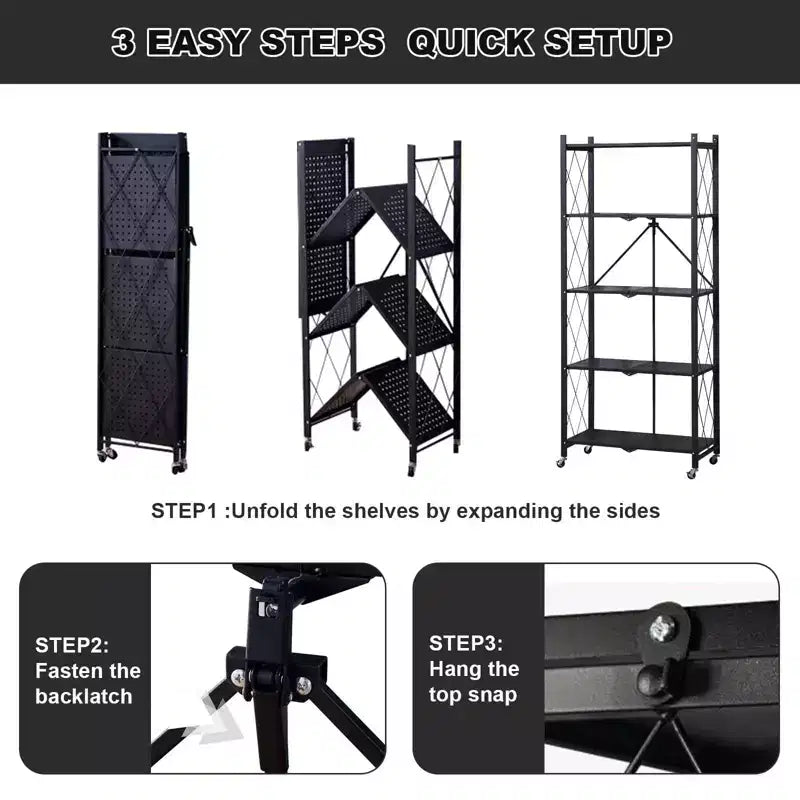 5-Tier Foldable Storage Shelves with Wheels, Heavy Duty Metal Rolling Shelving Unit for Kitchen, Garage & Pantry,No Assembly