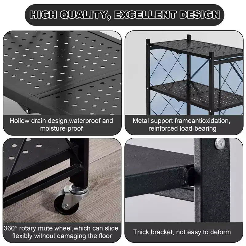 5-Tier Foldable Storage Shelves with Wheels, Heavy Duty Metal Rolling Shelving Unit for Kitchen, Garage & Pantry,No Assembly