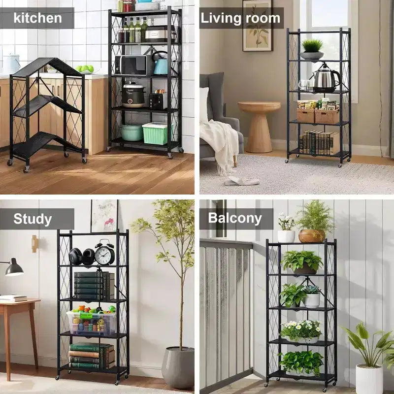 5-Tier Foldable Storage Shelves with Wheels, Heavy Duty Metal Rolling Shelving Unit for Kitchen, Garage & Pantry,No Assembly