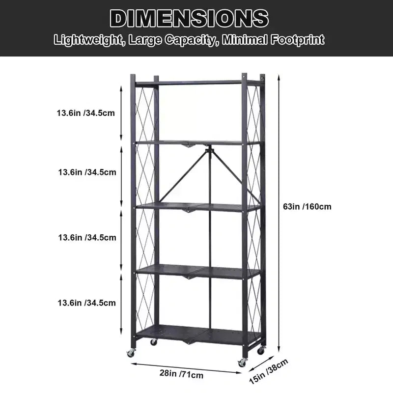 5-Tier Foldable Storage Shelves with Wheels, Heavy Duty Metal Rolling Shelving Unit for Kitchen, Garage & Pantry,No Assembly