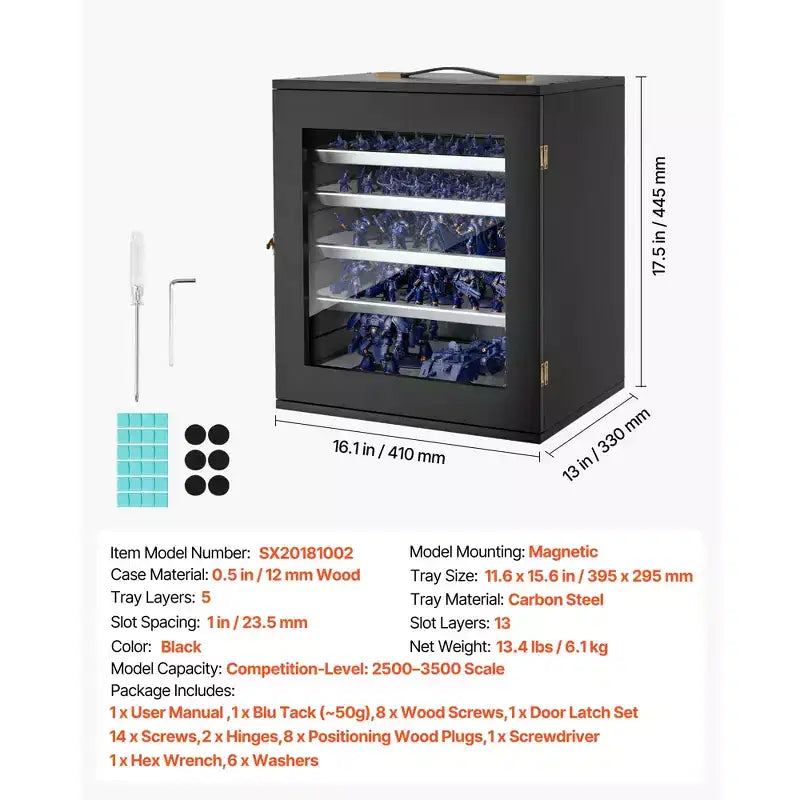 Vitrine de rangement pour figurines, compatible avec les modèles à l'échelle 1:2500-1:3500, présentoir en bois pour figurines avec 5 plateaux et 13 emplacements (figurines non incluses), Noir