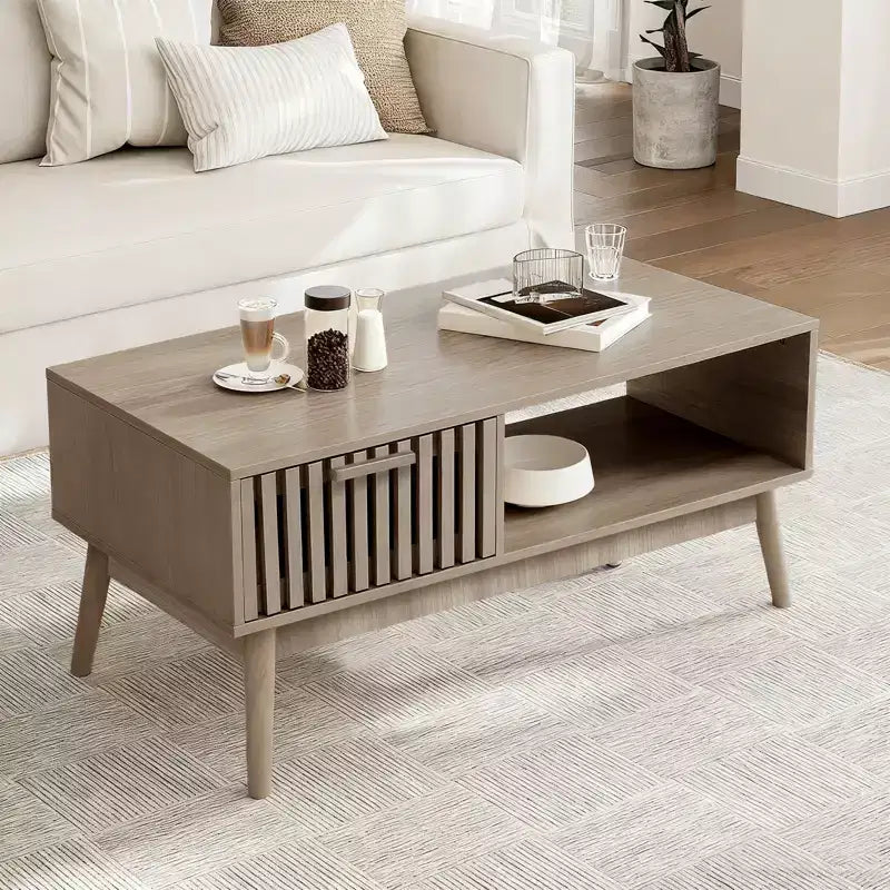 Farmhouse Coffee Table with Storage, 39.4 Rustic Fluted Accent Table with Drawer & Open Shelf for Living Room