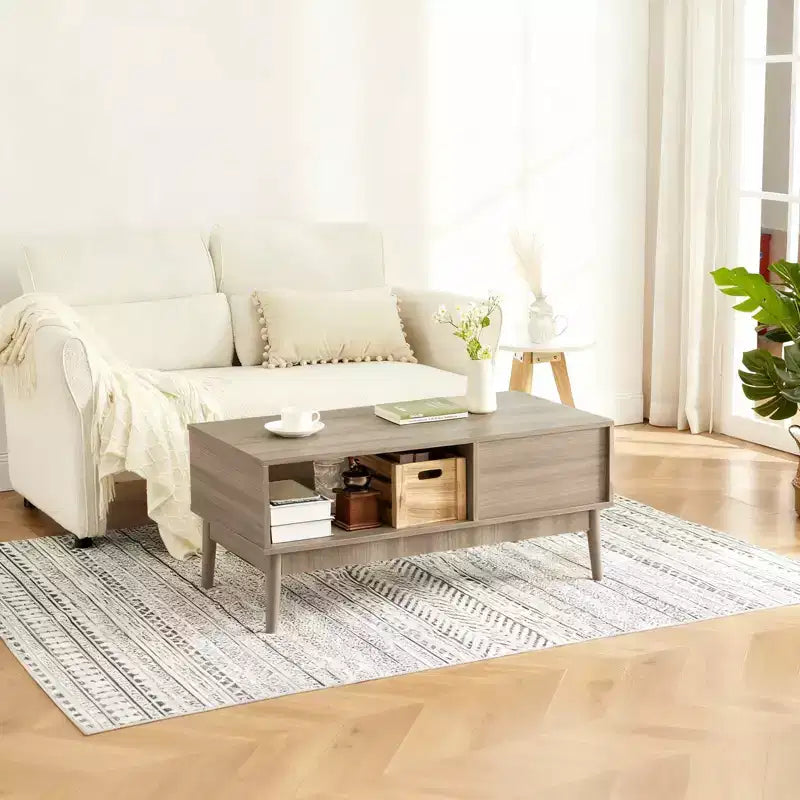 Farmhouse Coffee Table with Storage, 39.4 Rustic Fluted Accent Table with Drawer & Open Shelf for Living Room