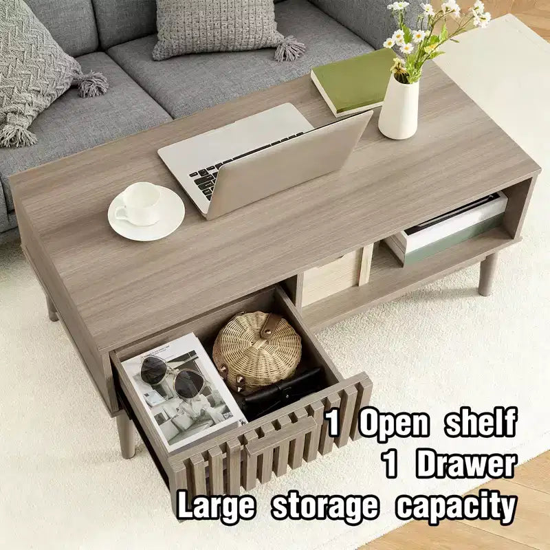 Farmhouse Coffee Table with Storage, 39.4 Rustic Fluted Accent Table with Drawer & Open Shelf for Living Room