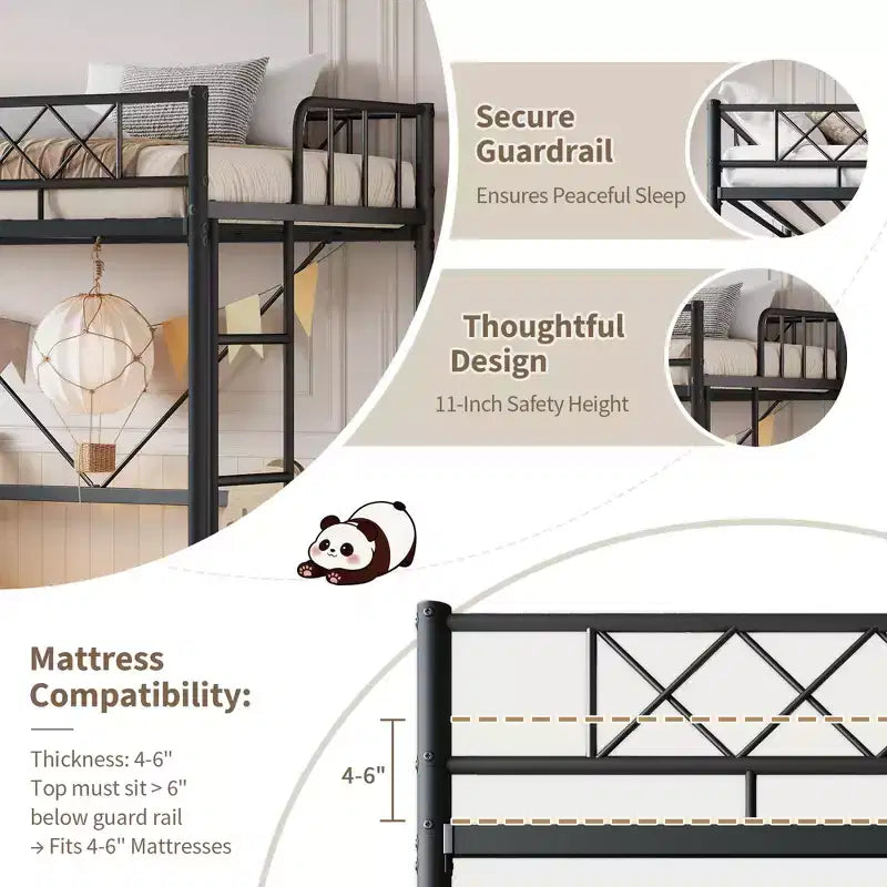 Twin Over Twin Bunk Bed, Full-Surround Guardrail, Heavy Duty All-Metal Frame, Space-Saving Under-Bed Design, 30-Min Assembly, No Box Spring Needed